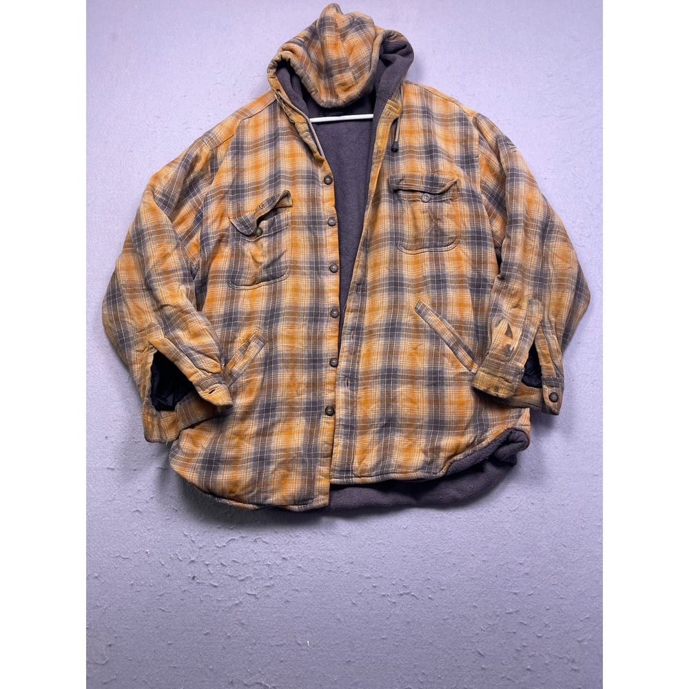 Route 66 Hooded Shirt Jacket Cotton Plaid Orange Grey Large Mens